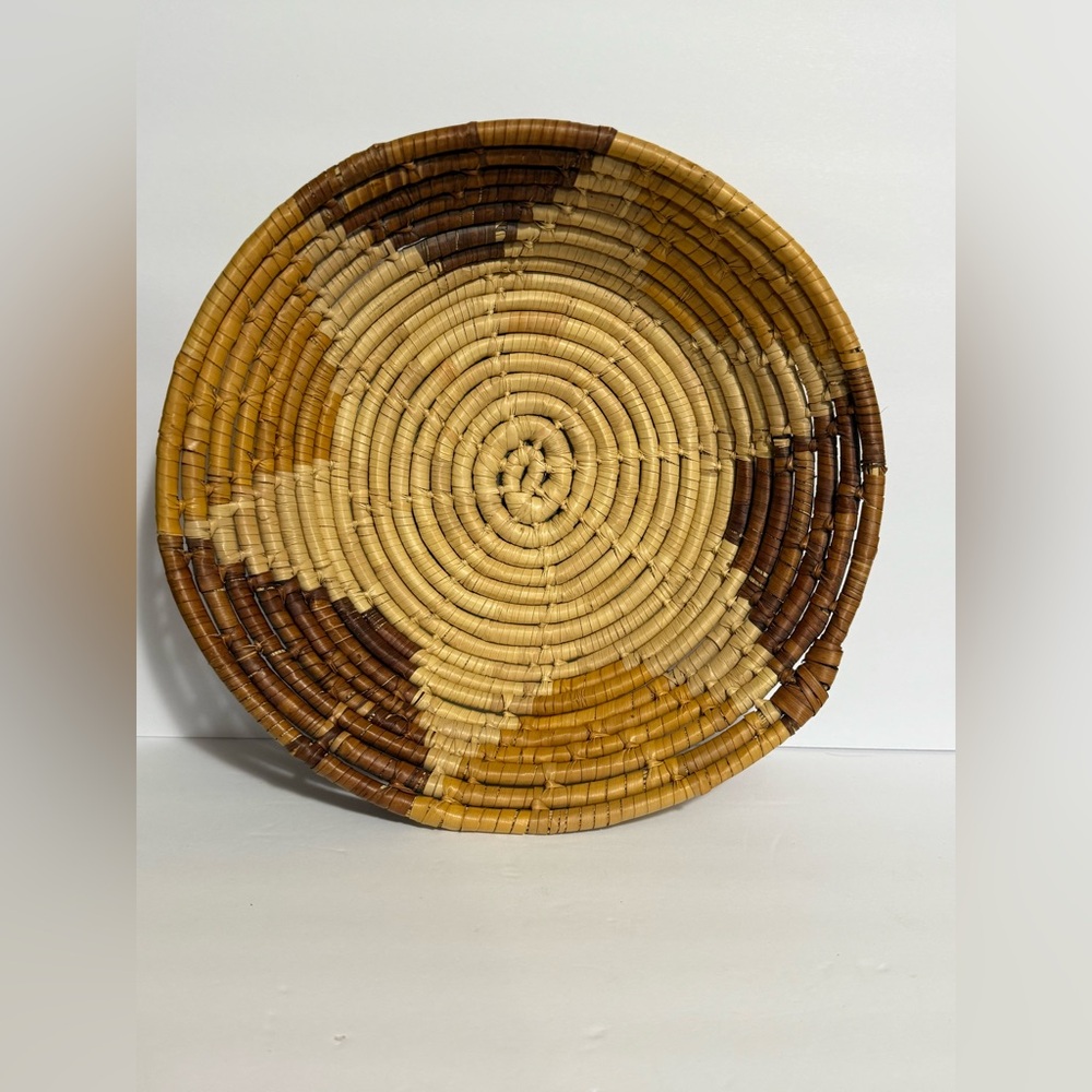 Handmade Woven Grass Coil Basket Brown Orange Round Bowl Wall Boho African Star